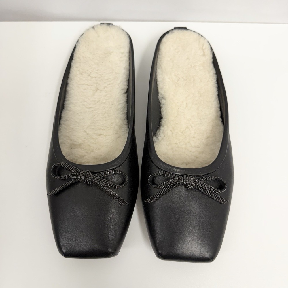 Brunello Cucinelli Leather & Sheepskin Mules Shoes Black Monili Bows 38 1/2 8.5B - Picture 4 of 11